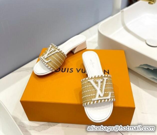 Unique Style Louis Vuitton Starboard Heel Slide Sandal 4cm in LV Raffia and Leather White 427114