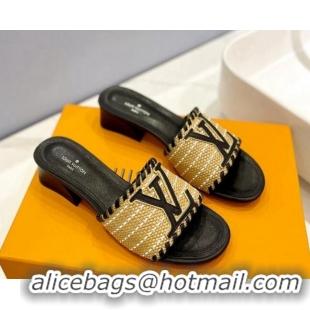 Best Grade Louis Vuitton Starboard Heel Slide Sandal 4cm in LV Raffia and Leather Black 427115