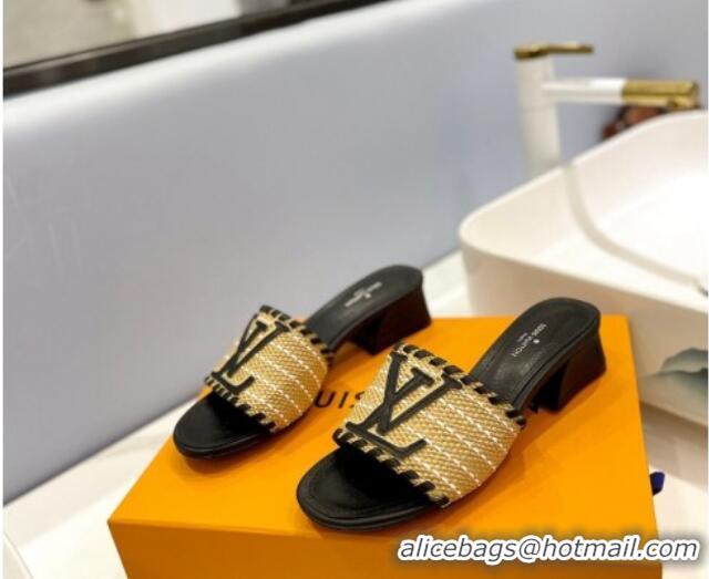 Best Grade Louis Vuitton Starboard Heel Slide Sandal 4cm in LV Raffia and Leather Black 427115