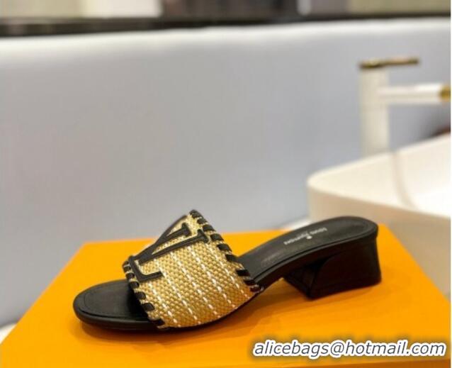 Best Grade Louis Vuitton Starboard Heel Slide Sandal 4cm in LV Raffia and Leather Black 427115