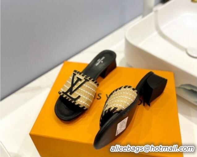 Best Grade Louis Vuitton Starboard Heel Slide Sandal 4cm in LV Raffia and Leather Black 427115