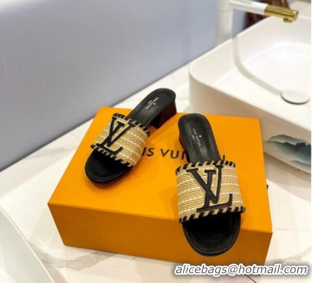 Best Grade Louis Vuitton Starboard Heel Slide Sandal 4cm in LV Raffia and Leather Black 427115