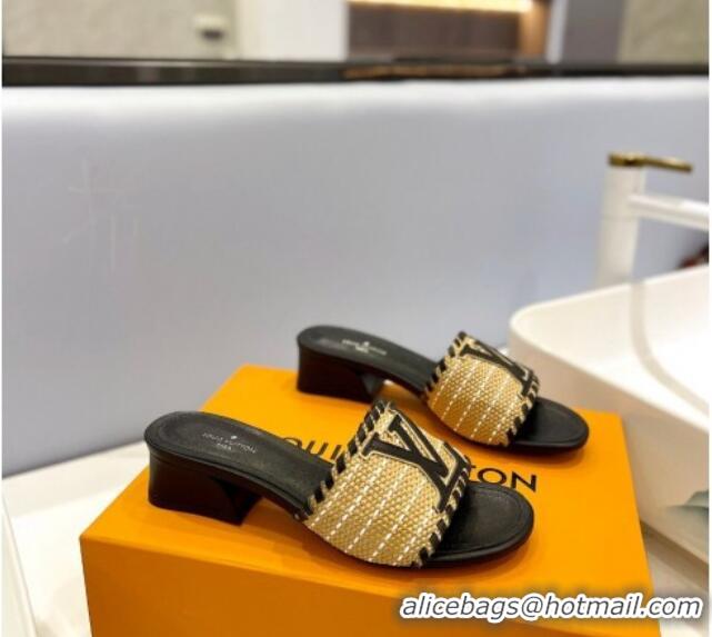 Best Grade Louis Vuitton Starboard Heel Slide Sandal 4cm in LV Raffia and Leather Black 427115