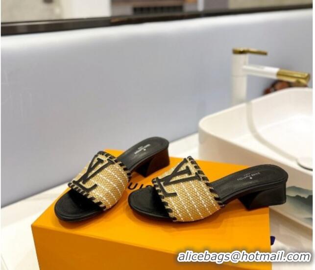 Best Grade Louis Vuitton Starboard Heel Slide Sandal 4cm in LV Raffia and Leather Black 427115