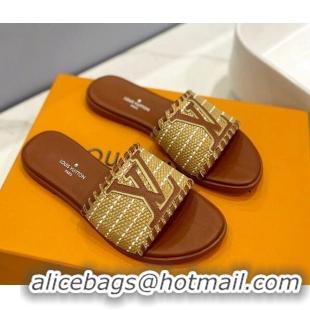 Duplicate Louis Vuitton Starboard Flat Slide Sandal in LV Raffia and Leather Brown 427116