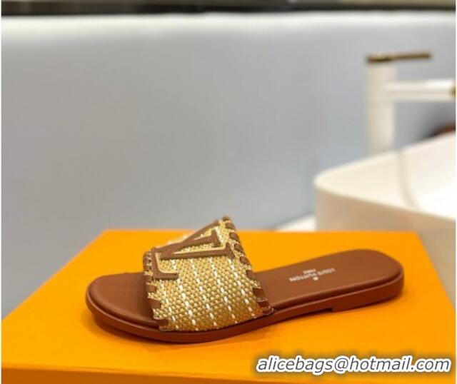 Duplicate Louis Vuitton Starboard Flat Slide Sandal in LV Raffia and Leather Brown 427116