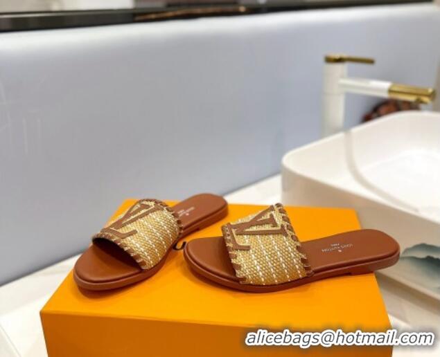 Duplicate Louis Vuitton Starboard Flat Slide Sandal in LV Raffia and Leather Brown 427116