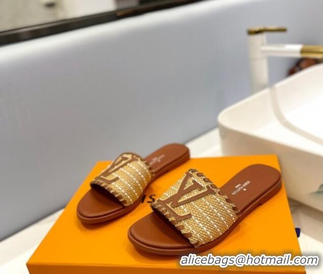 Duplicate Louis Vuitton Starboard Flat Slide Sandal in LV Raffia and Leather Brown 427116