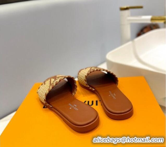 Duplicate Louis Vuitton Starboard Flat Slide Sandal in LV Raffia and Leather Brown 427116