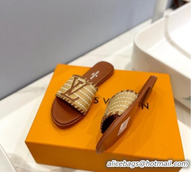 Duplicate Louis Vuitton Starboard Flat Slide Sandal in LV Raffia and Leather Brown 427116