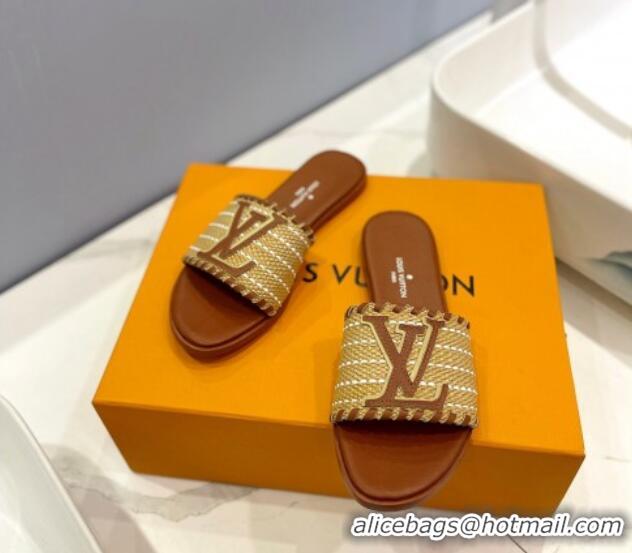 Duplicate Louis Vuitton Starboard Flat Slide Sandal in LV Raffia and Leather Brown 427116