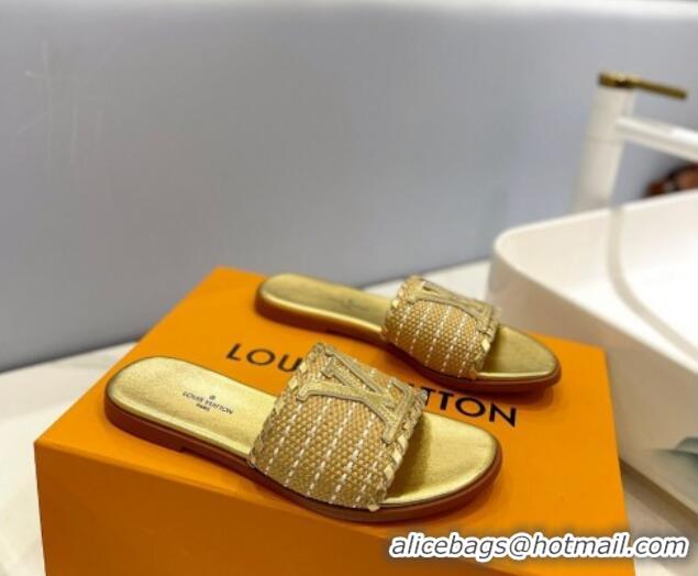 Good Quality Louis Vuitton Starboard Flat Slide Sandal in LV Raffia and Leather Gold 427117