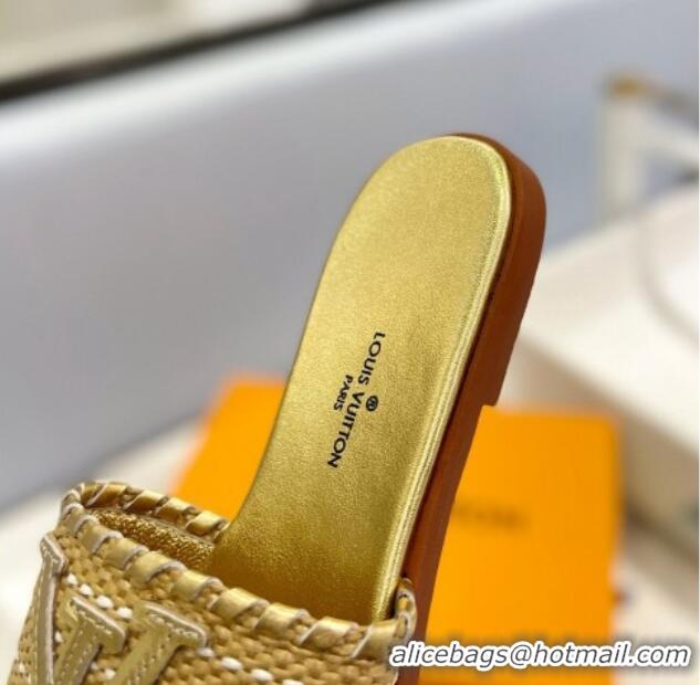 Good Quality Louis Vuitton Starboard Flat Slide Sandal in LV Raffia and Leather Gold 427117