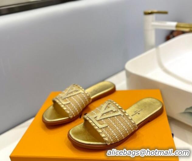 Good Quality Louis Vuitton Starboard Flat Slide Sandal in LV Raffia and Leather Gold 427117