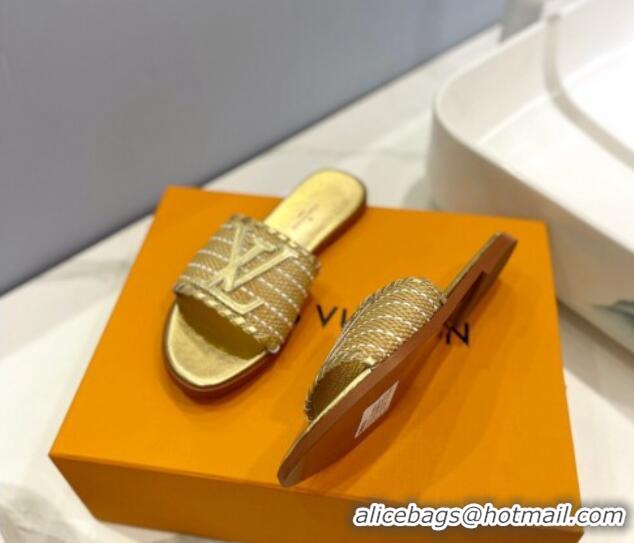 Good Quality Louis Vuitton Starboard Flat Slide Sandal in LV Raffia and Leather Gold 427117