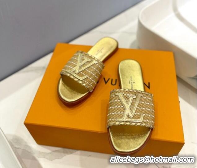 Good Quality Louis Vuitton Starboard Flat Slide Sandal in LV Raffia and Leather Gold 427117