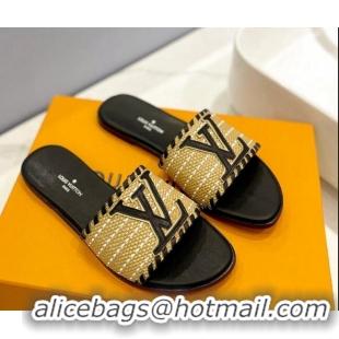 Trendy Design Louis Vuitton Starboard Flat Slide Sandal in LV Raffia and Leather Black 427119