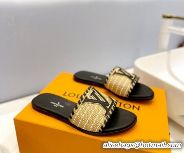 Trendy Design Louis Vuitton Starboard Flat Slide Sandal in LV Raffia and Leather Black 427119