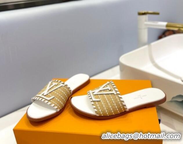 Popular Style Louis Vuitton Starboard Flat Slide Sandal in LV Raffia and Leather White 0427120