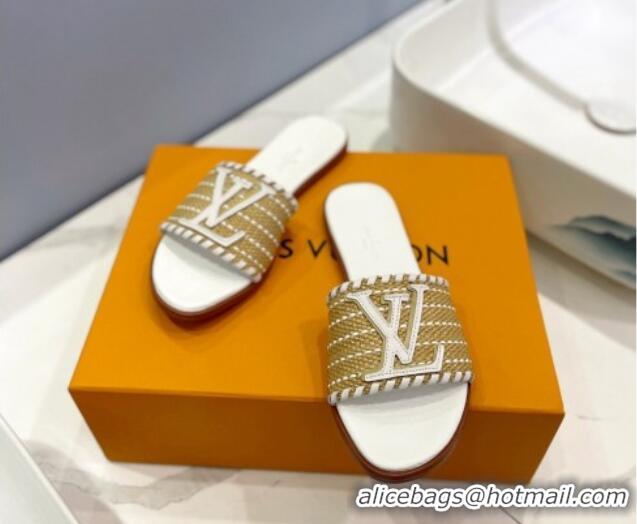 Popular Style Louis Vuitton Starboard Flat Slide Sandal in LV Raffia and Leather White 0427120