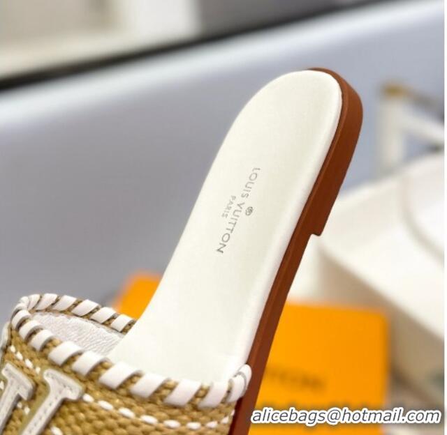 Popular Style Louis Vuitton Starboard Flat Slide Sandal in LV Raffia and Leather White 0427120