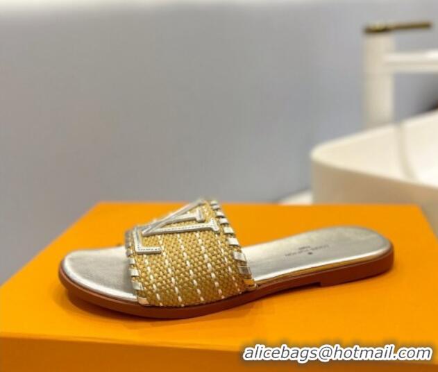 Durable Louis Vuitton Starboard Flat Slide Sandal in LV Raffia and Leather Silver 0427121