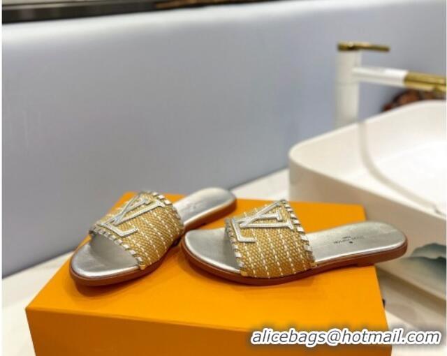 Durable Louis Vuitton Starboard Flat Slide Sandal in LV Raffia and Leather Silver 0427121