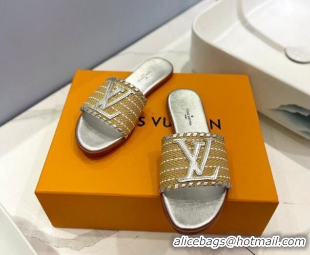 Durable Louis Vuitton Starboard Flat Slide Sandal in LV Raffia and Leather Silver 0427121