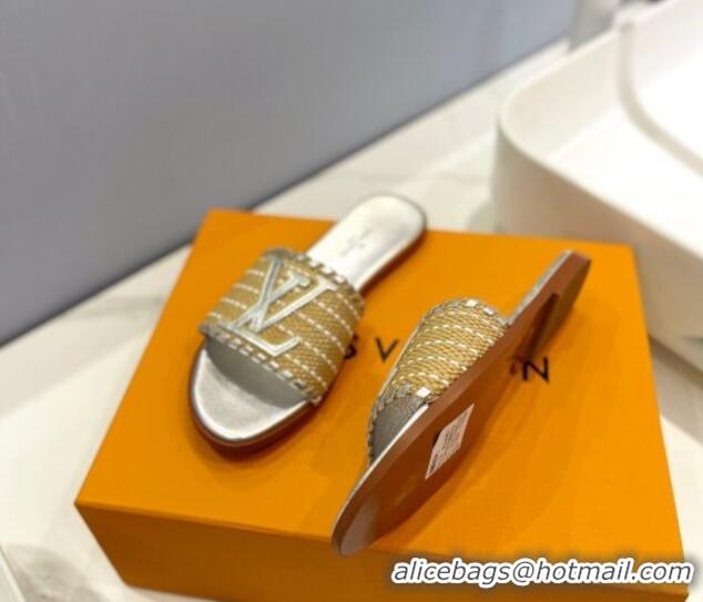 Durable Louis Vuitton Starboard Flat Slide Sandal in LV Raffia and Leather Silver 0427121