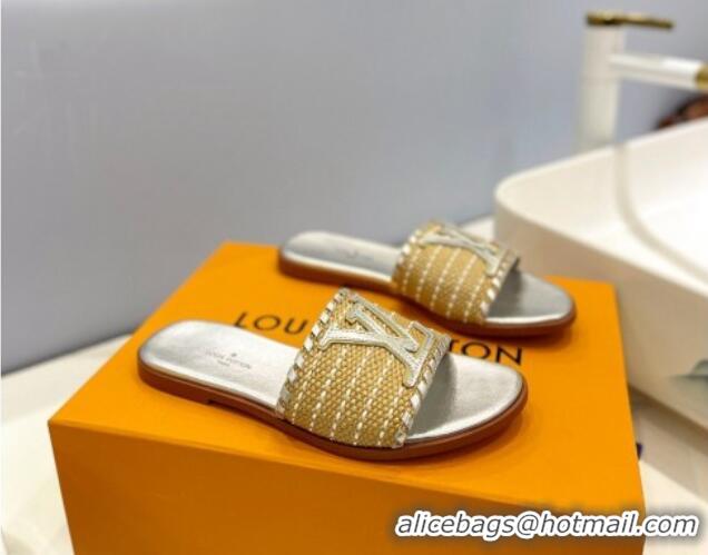 Durable Louis Vuitton Starboard Flat Slide Sandal in LV Raffia and Leather Silver 0427121