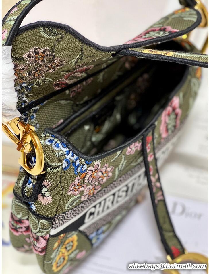 Famous Brand DIOR SADDLE BAG Green Multicolor Dior Petites Fleurs Embroidery M0446C