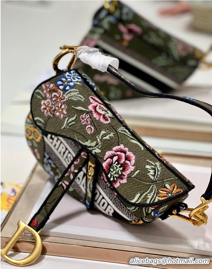 Famous Brand DIOR SADDLE BAG Green Multicolor Dior Petites Fleurs Embroidery M0446C