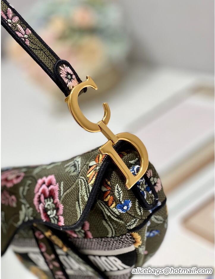 Famous Brand DIOR SADDLE BAG Green Multicolor Dior Petites Fleurs Embroidery M0446C