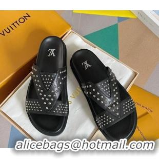 Top Grade Louis Vuitton Men's Trainer Slide Sandals in Studded Leather Black 427126