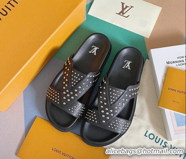 Top Grade Louis Vuitton Men's Trainer Slide Sandals in Studded Leather Black 427126