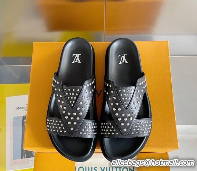 Top Grade Louis Vuitton Men's Trainer Slide Sandals in Studded Leather Black 427126