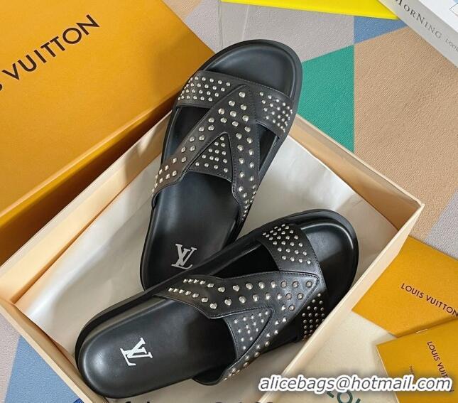 Top Grade Louis Vuitton Men's Trainer Slide Sandals in Studded Leather Black 427126