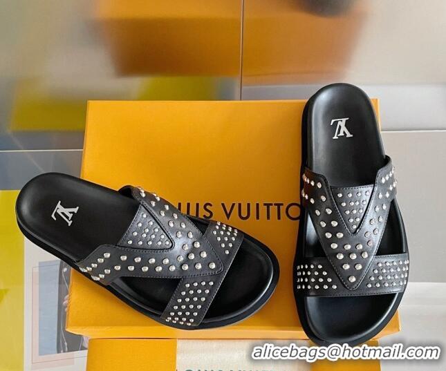 Top Grade Louis Vuitton Men's Trainer Slide Sandals in Studded Leather Black 427126