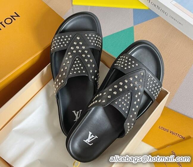 Top Grade Louis Vuitton Men's Trainer Slide Sandals in Studded Leather Black 427126