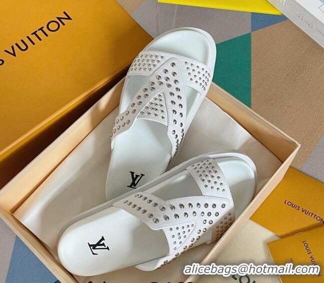 Charming Louis Vuitton Men's Trainer Slide Sandals in Studded Leather White 427127