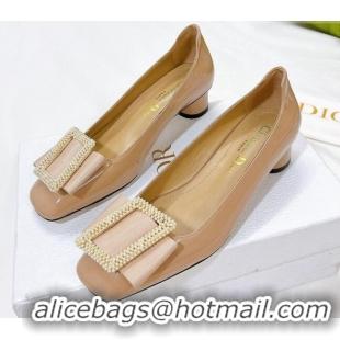 Dior Idylle Patent Leather Pumps 3.5cm with Pearl Bow Apricot 100973