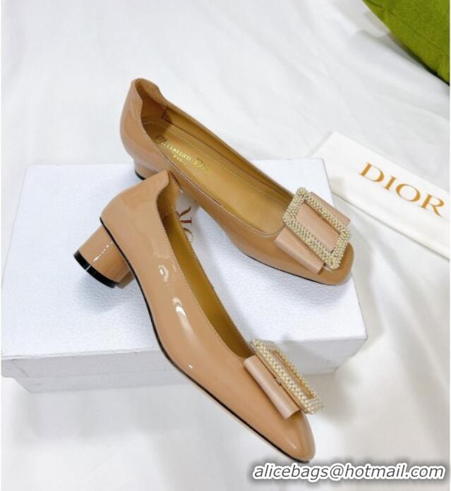 Dior Idylle Patent Leather Pumps 3.5cm with Pearl Bow Apricot 100973