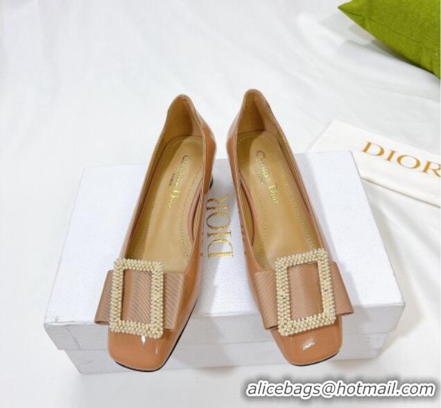 Dior Idylle Patent Leather Pumps 3.5cm with Pearl Bow Apricot 100973