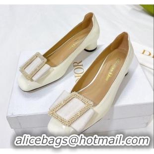 Grade Dior Idylle Patent Leather Pumps 3.5cm with Pearl Bow White 100974