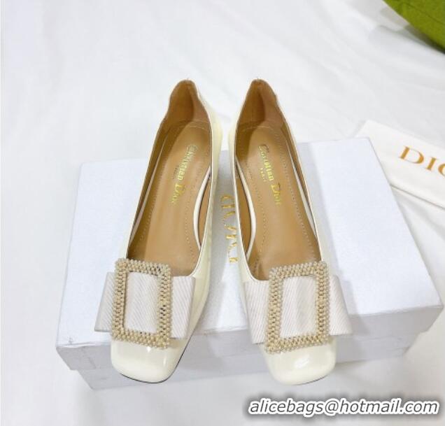 Grade Dior Idylle Patent Leather Pumps 3.5cm with Pearl Bow White 100974