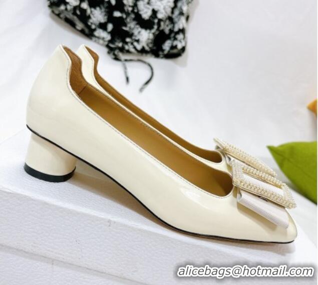 Grade Dior Idylle Patent Leather Pumps 3.5cm with Pearl Bow White 100974