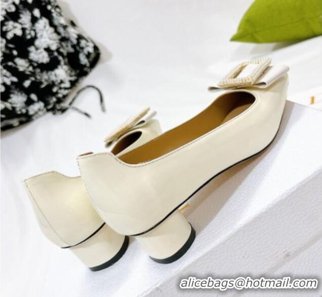 Grade Dior Idylle Patent Leather Pumps 3.5cm with Pearl Bow White 100974