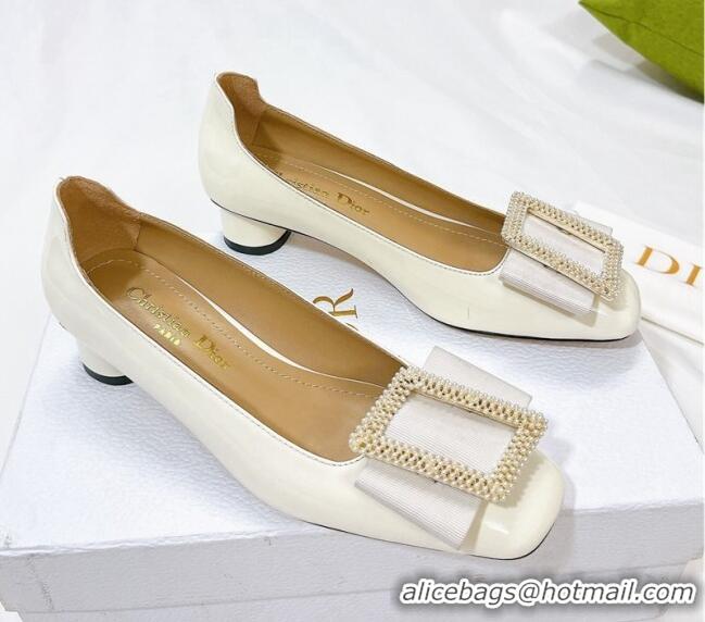 Grade Dior Idylle Patent Leather Pumps 3.5cm with Pearl Bow White 100974