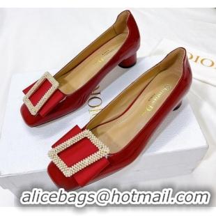 Luxury Cheap Dior Idylle Patent Leather Pumps 3.5cm with Pearl Bow Red 100975