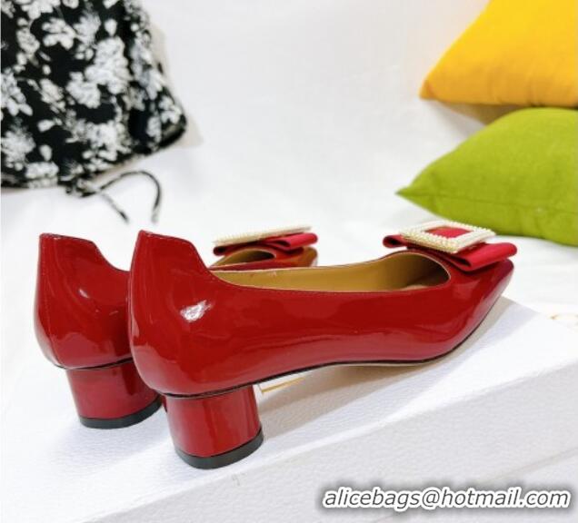 Luxury Cheap Dior Idylle Patent Leather Pumps 3.5cm with Pearl Bow Red 100975